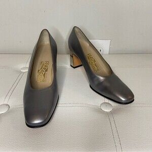 Salvatore Ferragamo Silver Block Heels With Logo Size 5